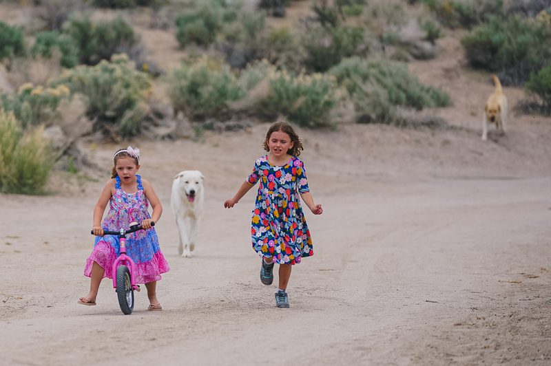 Two girls running down a dirt road past a pink bike and a white dog at a wedding in California