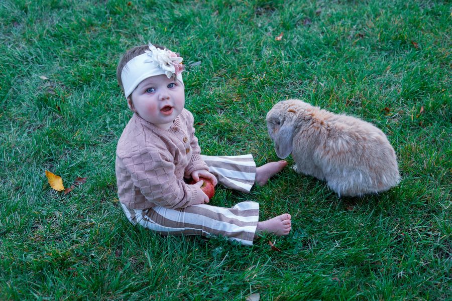 A baby in a flower headband sitting in the grass beside a fluffy lop-eared bunny