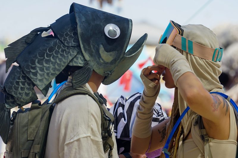 Person wearing a giant fish head costume next to a masked companion at Burning Man