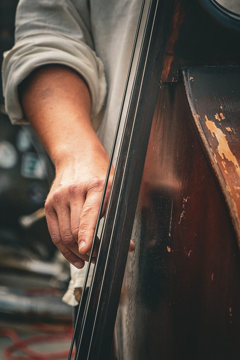 A hand on the strings of an upright bass in warm low light at a live jazz event