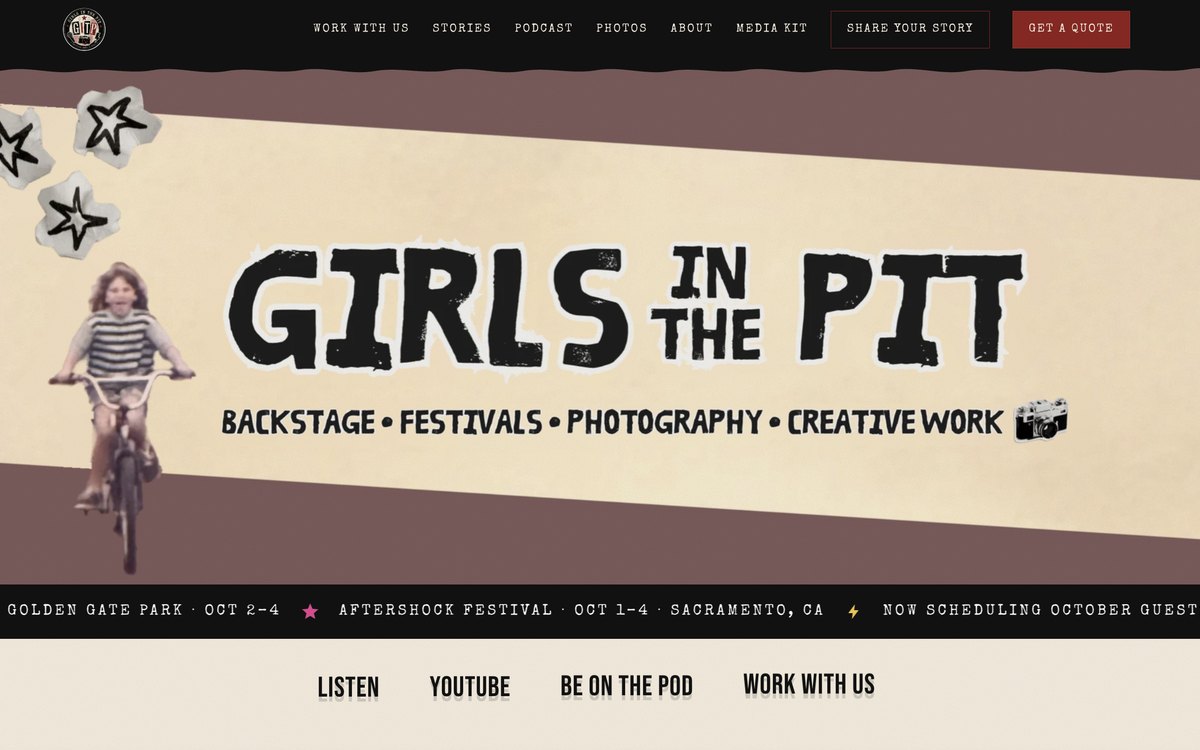 Girls in the Pit website — homepage hero with the hand-lettered 'Girls in the Pit' logo and tagline 'Backstage · Festivals · Photography · Creative Work'