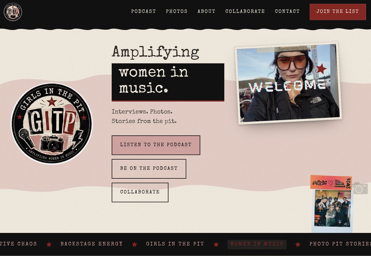 Girls in the Pit website — homepage hero with logo, 'Amplifying women in music. Interviews. Photos. Stories from the pit.'