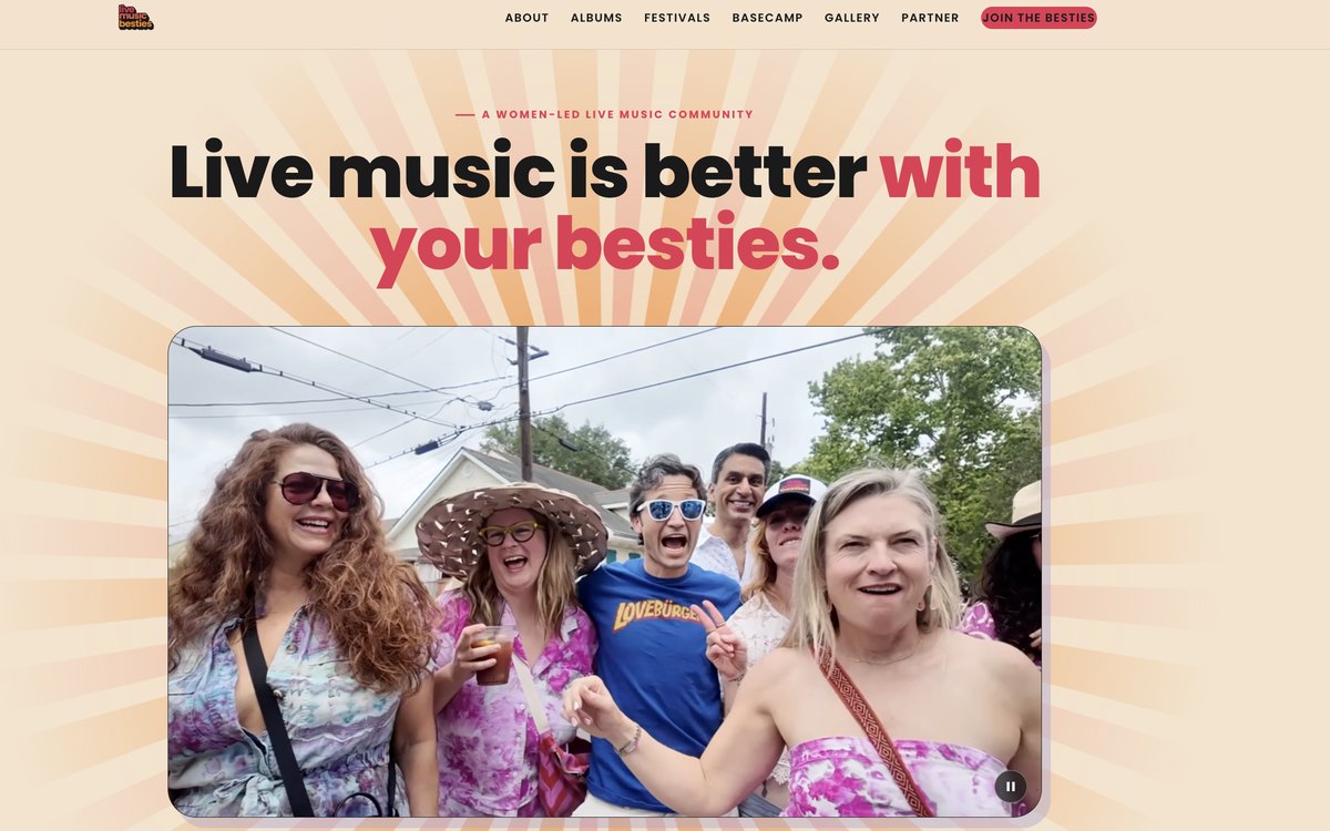 Live Music Besties website — homepage hero reading 'Live music is better with your besties' above a photo of friends together at a show