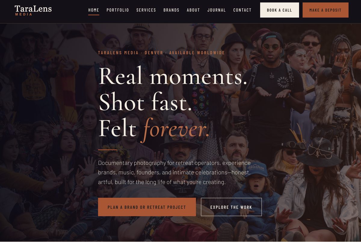 TaraLens Media website — homepage hero with headline 'Real moments. Shot fast. Felt forever.'